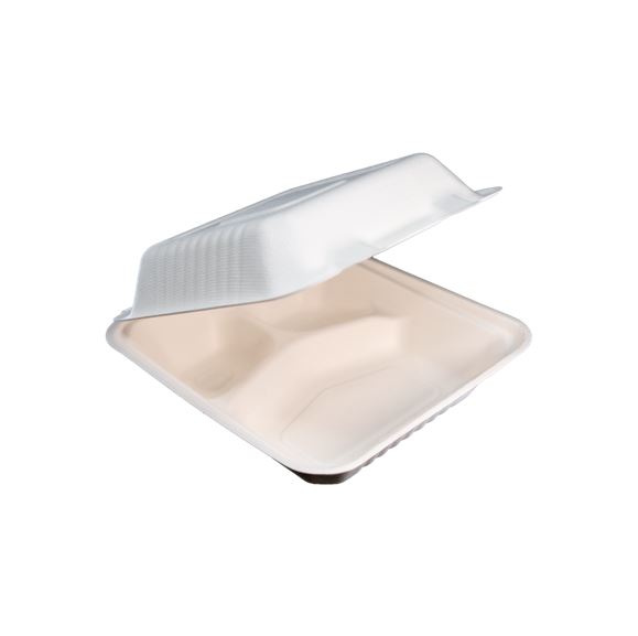 Dinner Clamshell (3 Compartment) White EcoCane Bagasse