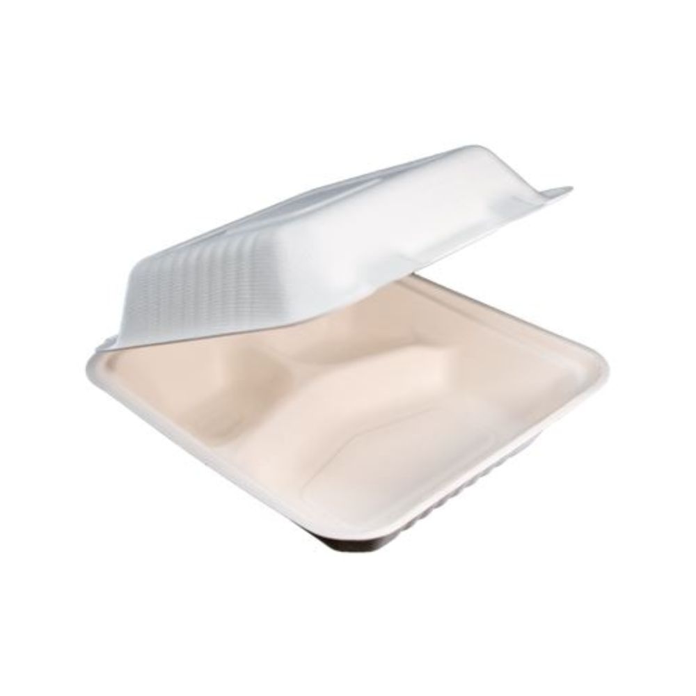 Dinner Clamshell XL (3 Compartment) White EcoCane Bagasse